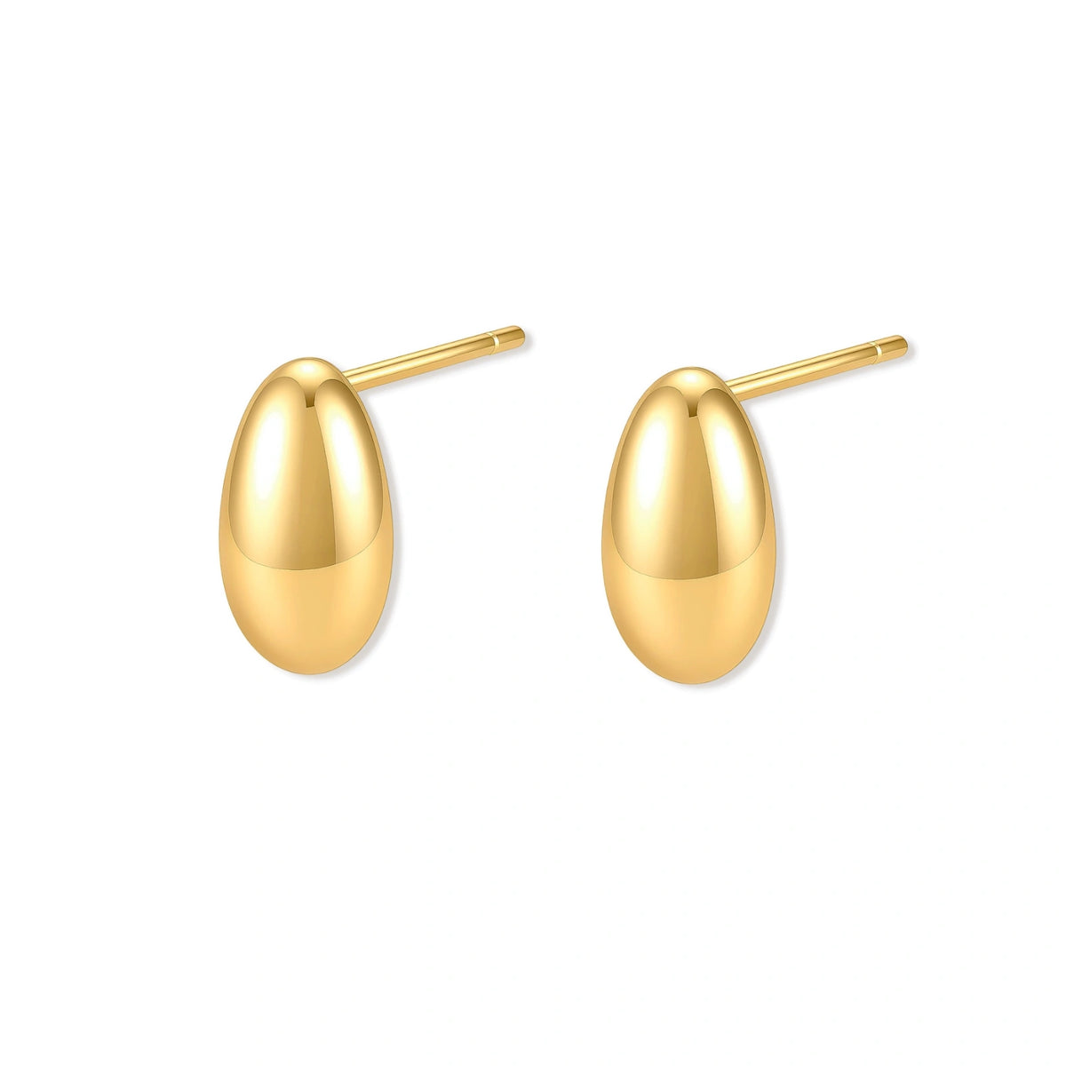 Pair of glossy gold-plated sterling silver oval droplet stud earrings with post backs on a cream background.