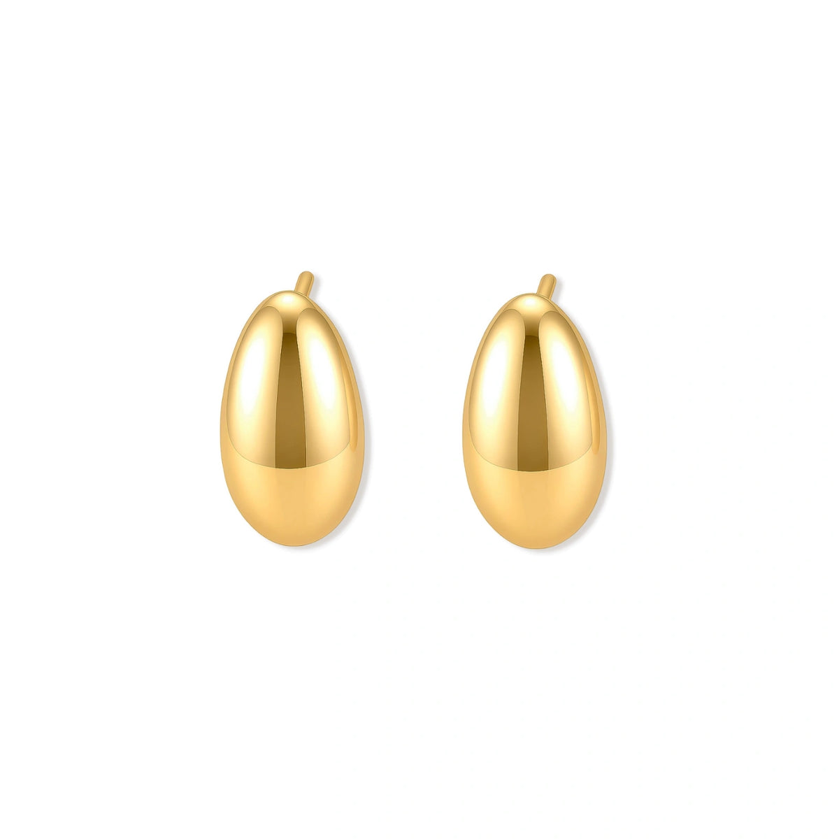 Pair of glossy gold-plated sterling silver oval droplet stud earrings with post backs on a cream background.