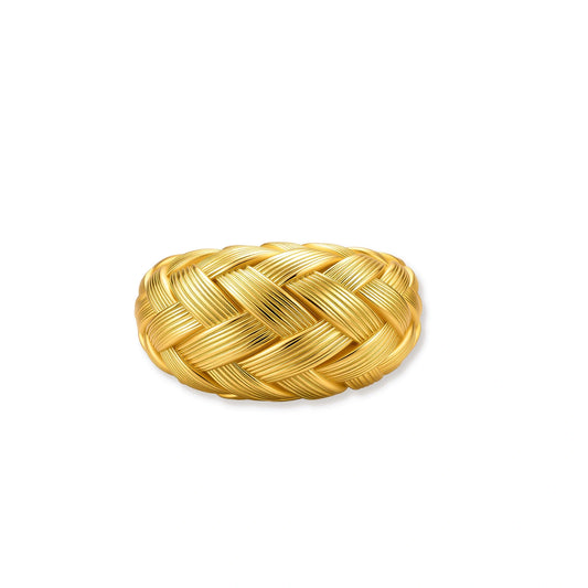 Gold woven braid dome ring in 18K gold-plated 925 sterling silver with fine ridged strands on a cream background.