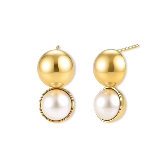 Pair of 18K gold-plated sterling silver stud earrings with a glossy gold dome stacked above a round simulated pearl on cream.