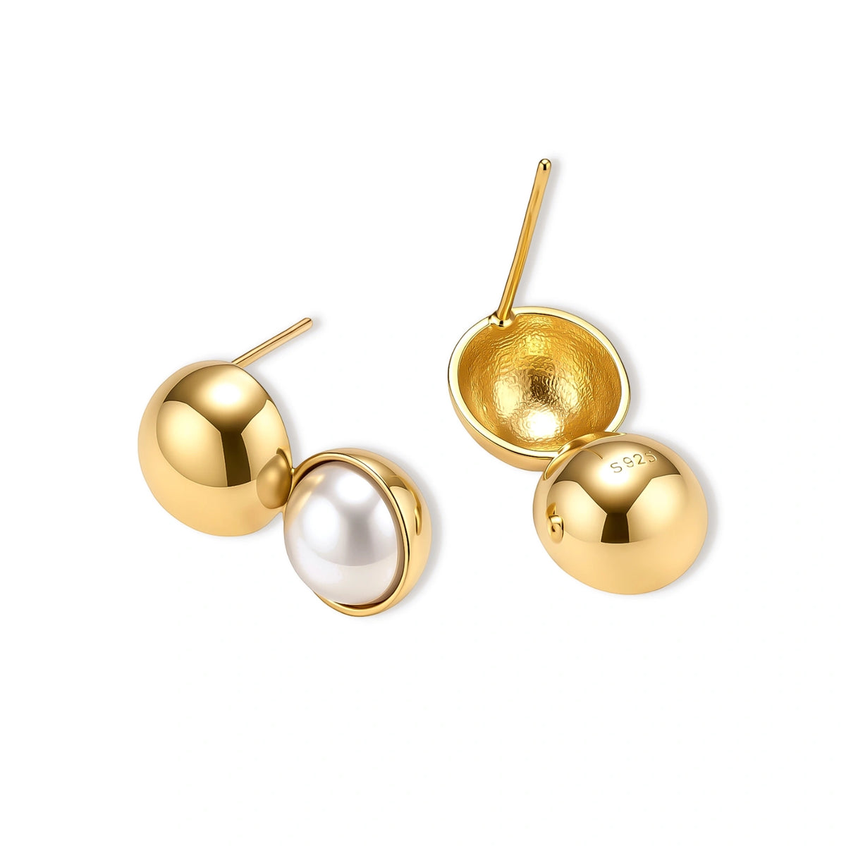 Pair of 18K gold-plated sterling silver stud earrings with a glossy gold dome stacked above a round simulated pearl on cream.