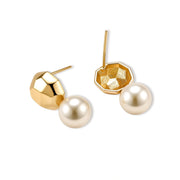 Pair of 18K gold-plated sterling silver stud earrings with hammered faceted tops and round simulated pearls on a cream background.