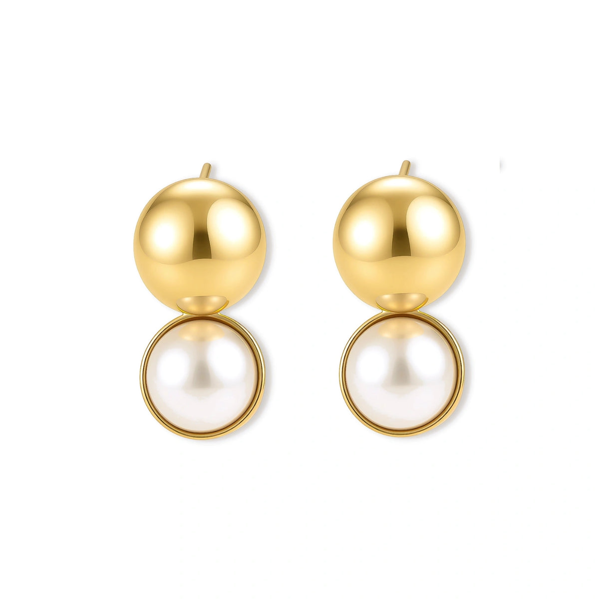 Pair of 18K gold-plated sterling silver stud earrings with a glossy gold dome stacked above a round simulated pearl on cream.