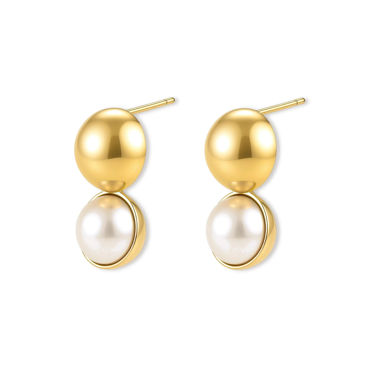 Pair of 18K gold-plated sterling silver stud earrings with a glossy gold dome stacked above a round simulated pearl on cream.