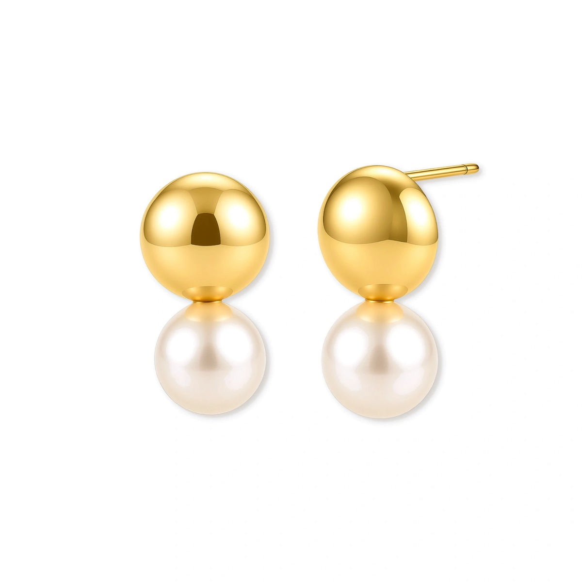 Pair of 18K gold-plated sterling silver stud earrings with a glossy gold dome stacked above a round simulated pearl on cream.