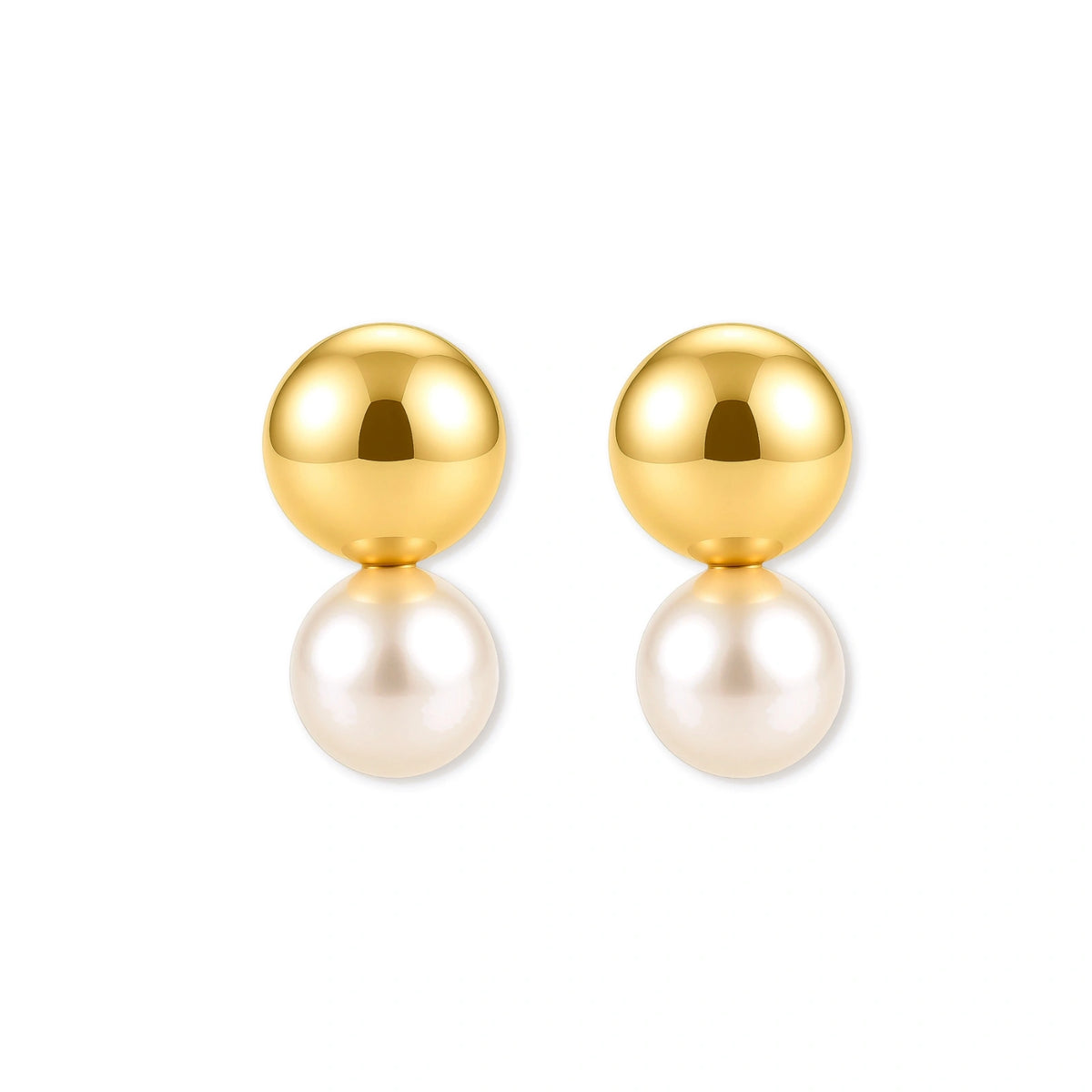 Pair of 18K gold-plated sterling silver stud earrings with a glossy gold dome stacked above a round simulated pearl on cream.