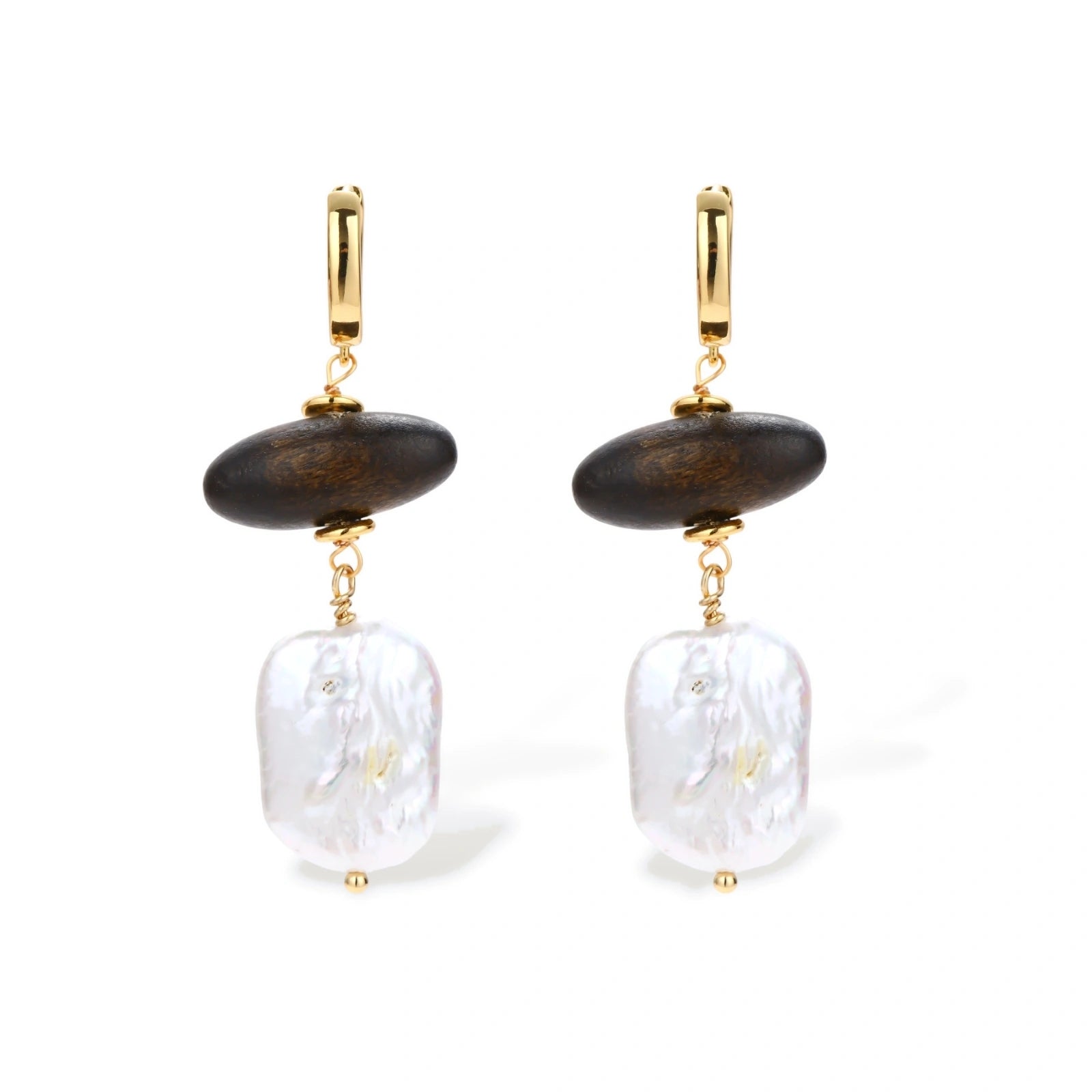 Gold hoop earrings with dark wood beads and baroque freshwater pearls, shown from multiple angles on cream background.