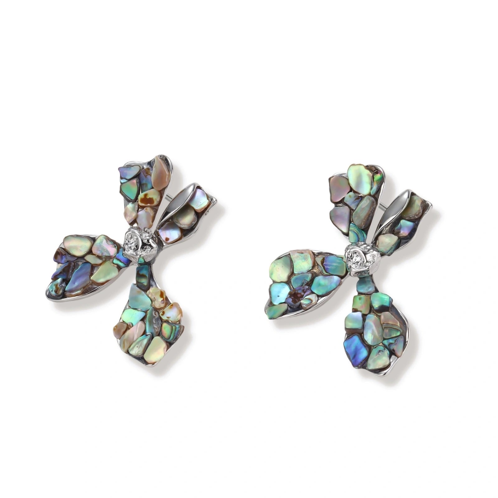 Cross-shaped stud earrings with iridescent abalone shell mosaic in blues and greens, silver-plated setting with crystal center