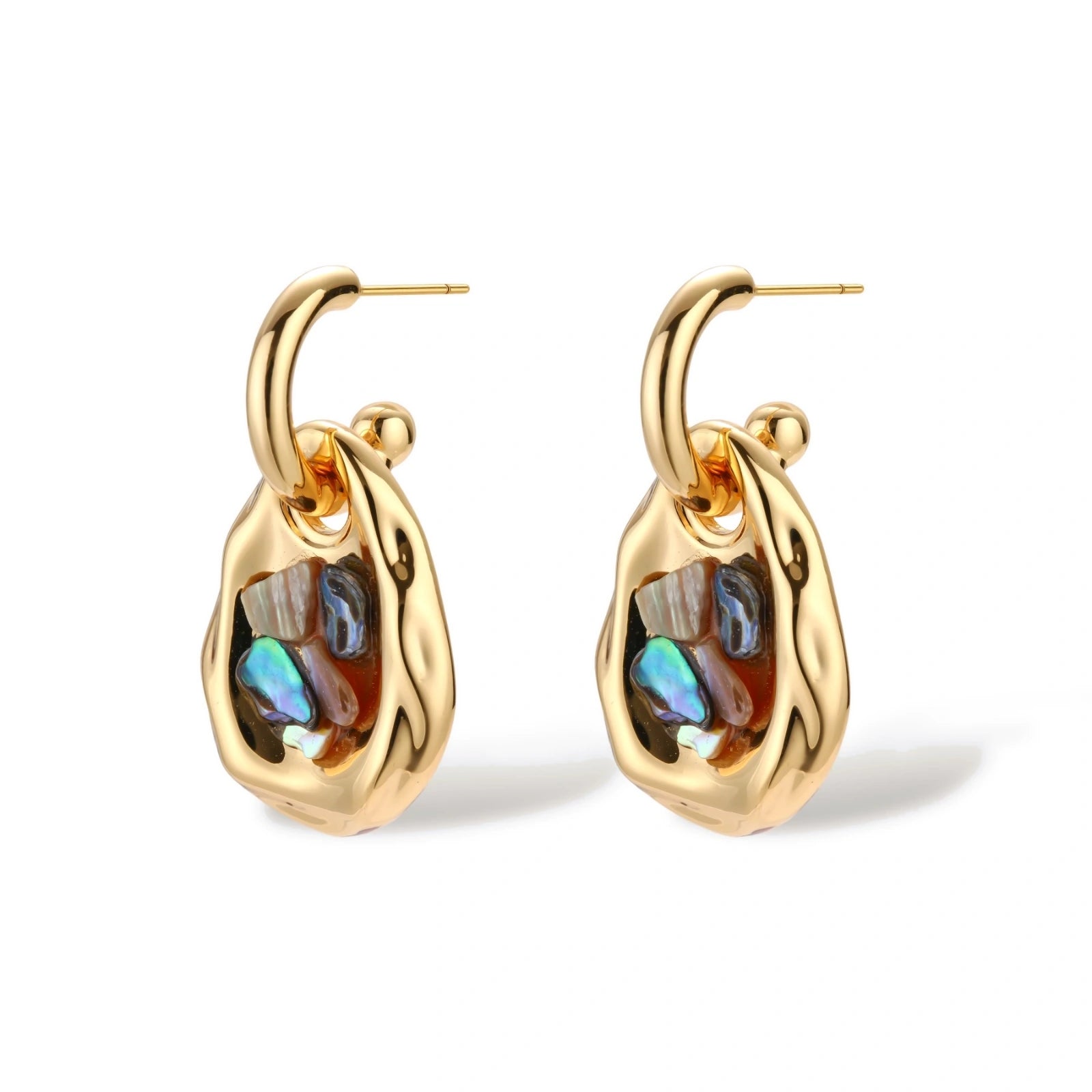 Gold-plated convertible hoop earrings with iridescent shell mosaic pendants, shown assembled and separated on cream background.