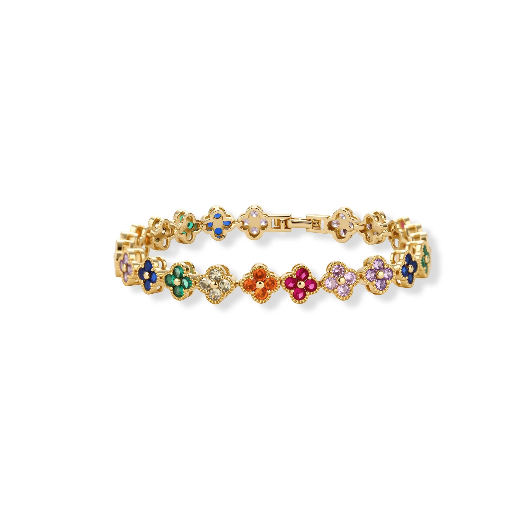 Colorful four-leaf clover jewelry set with rainbow cubic zirconia stones in gold-plated setting on white background