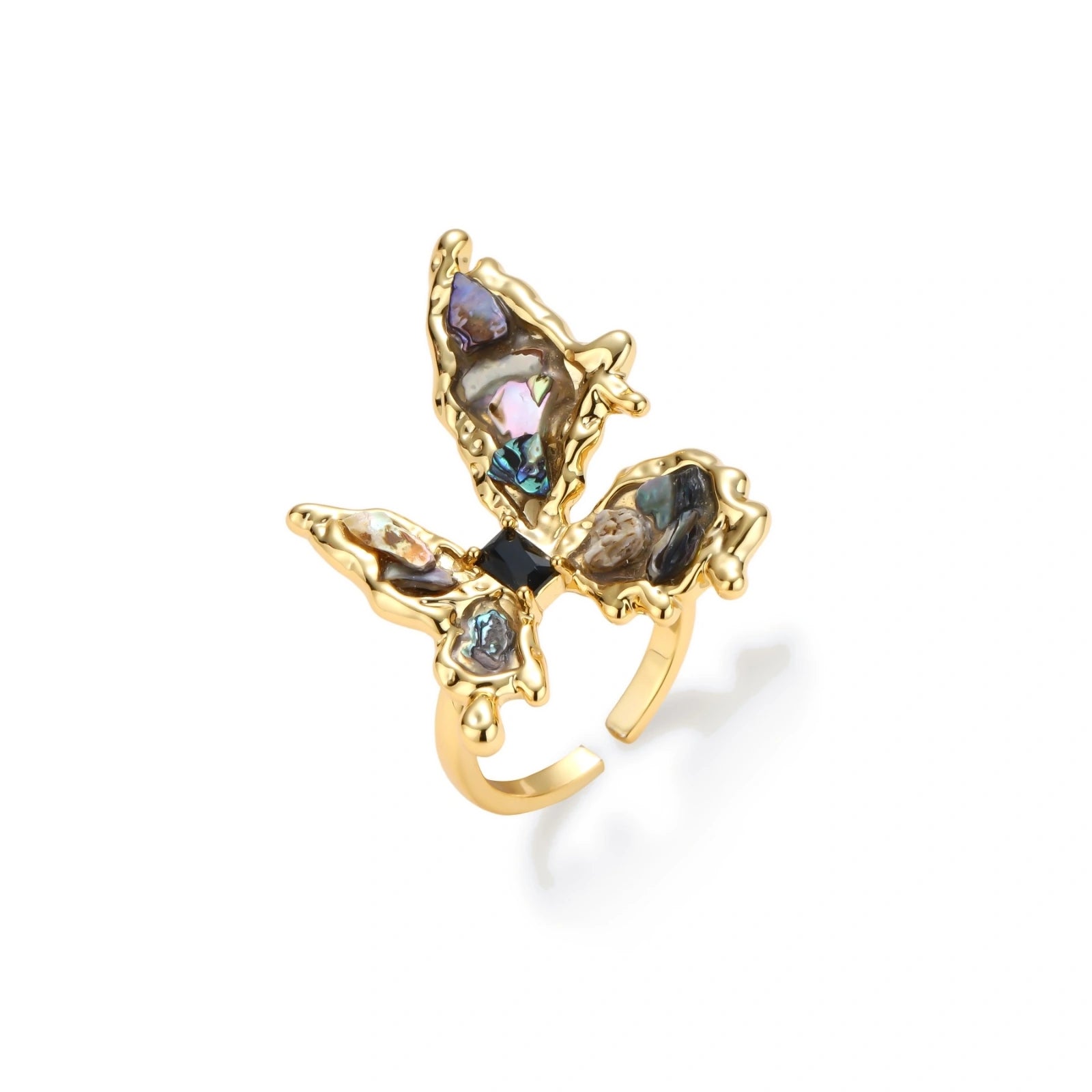 Gold-plated adjustable ring featuring iridescent shell pieces in purple, blue and green tones arranged in butterfly formation
