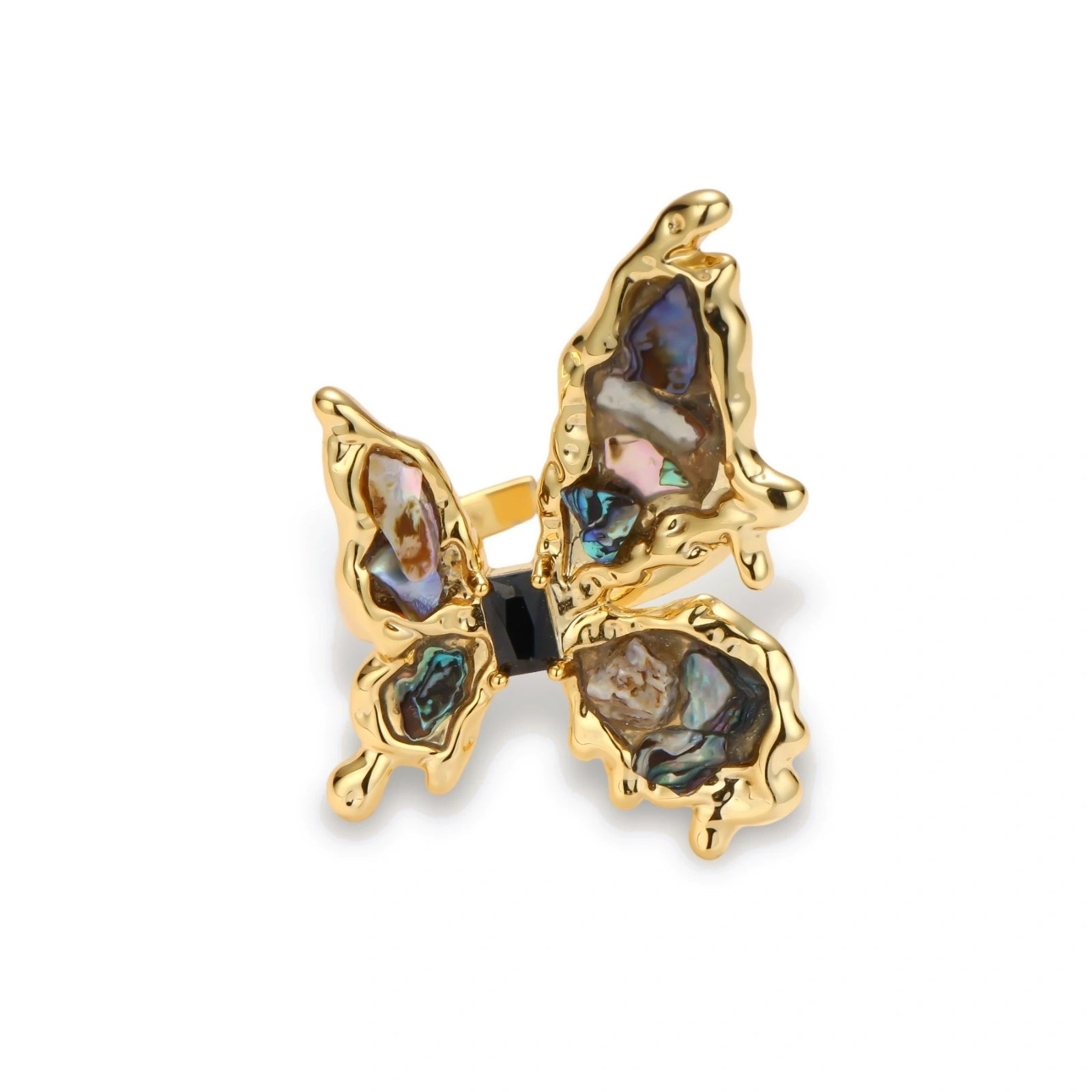 Gold-plated adjustable ring featuring iridescent shell pieces in purple, blue and green tones arranged in butterfly formation