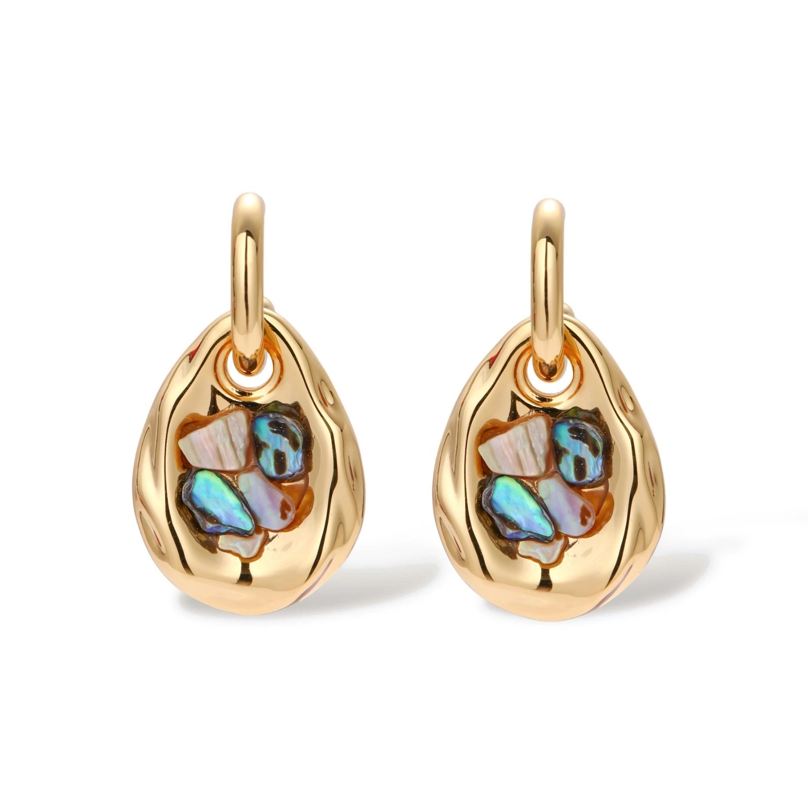 Gold-plated convertible hoop earrings with iridescent shell mosaic pendants, shown assembled and separated on cream background.