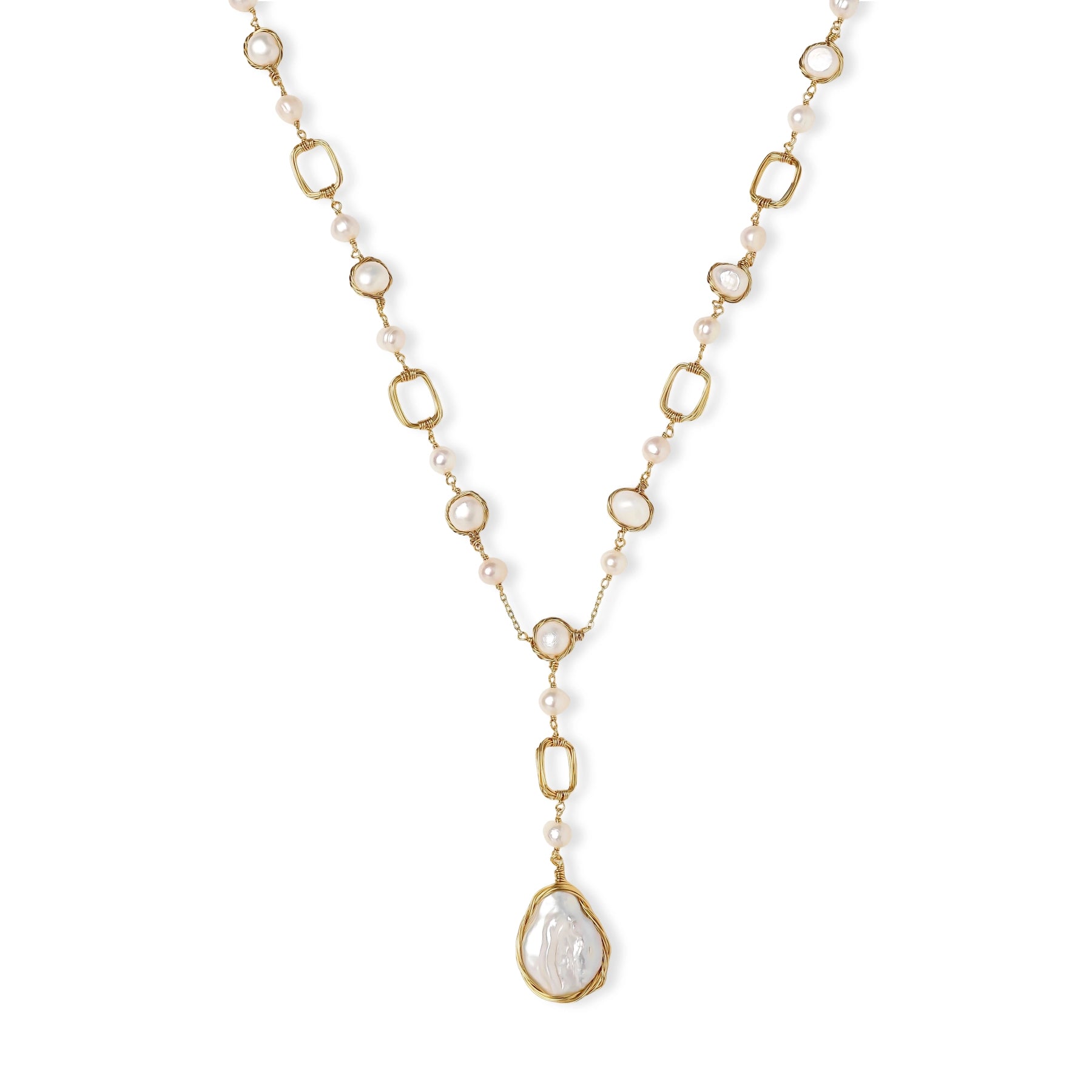 Long gold-plated necklace with alternating freshwater pearls and crystal bezels, featuring a large baroque pearl pendant
