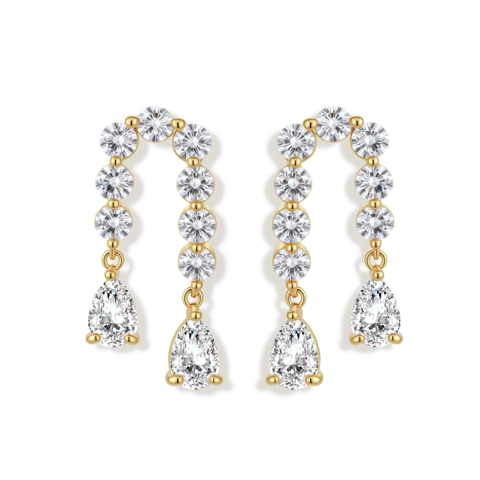 Gold-plated earrings with vertical line of clear crystals and teardrop pendants on neutral background