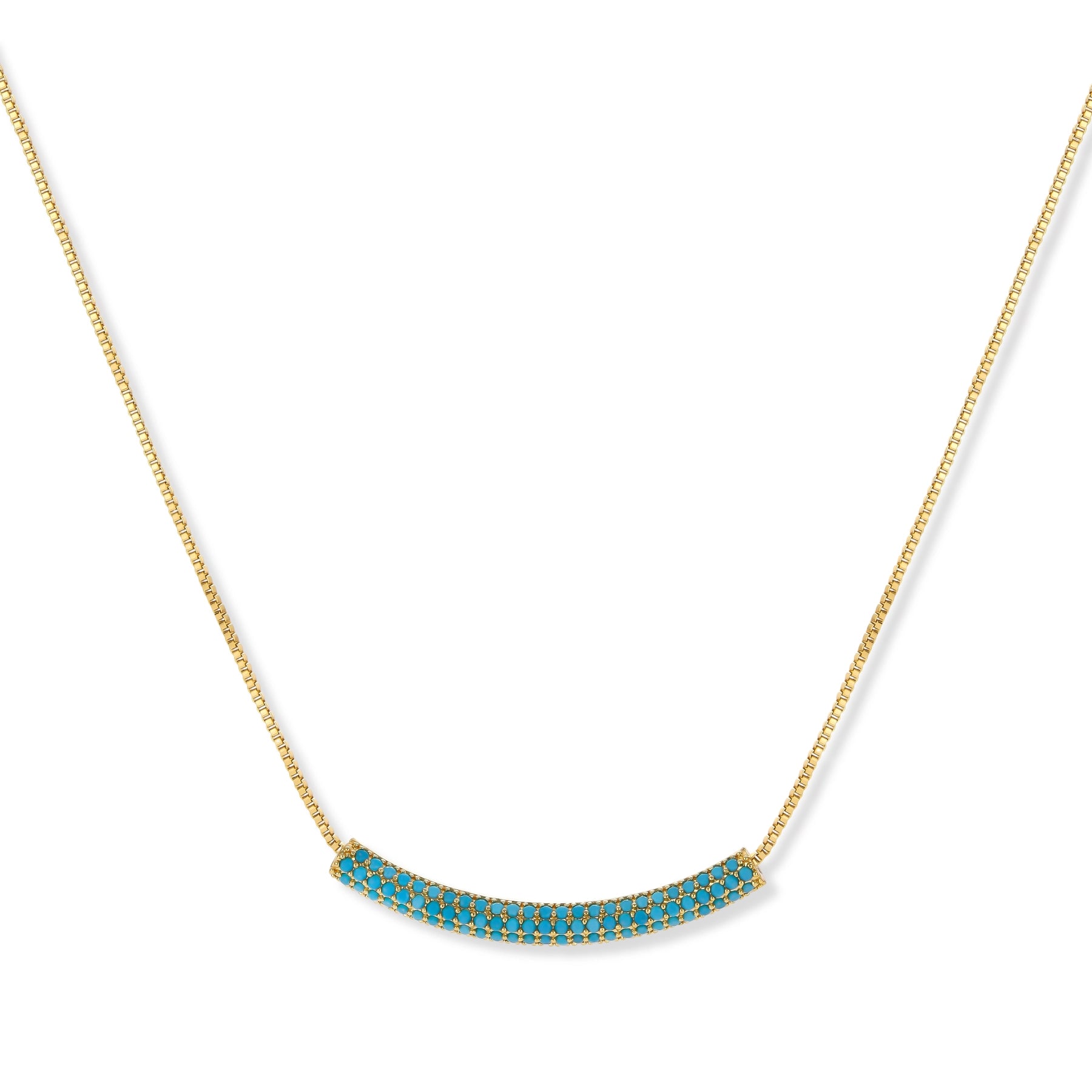 Gold-plated curved necklace and hoop earrings with turquoise cubic zirconia stones on white background.
