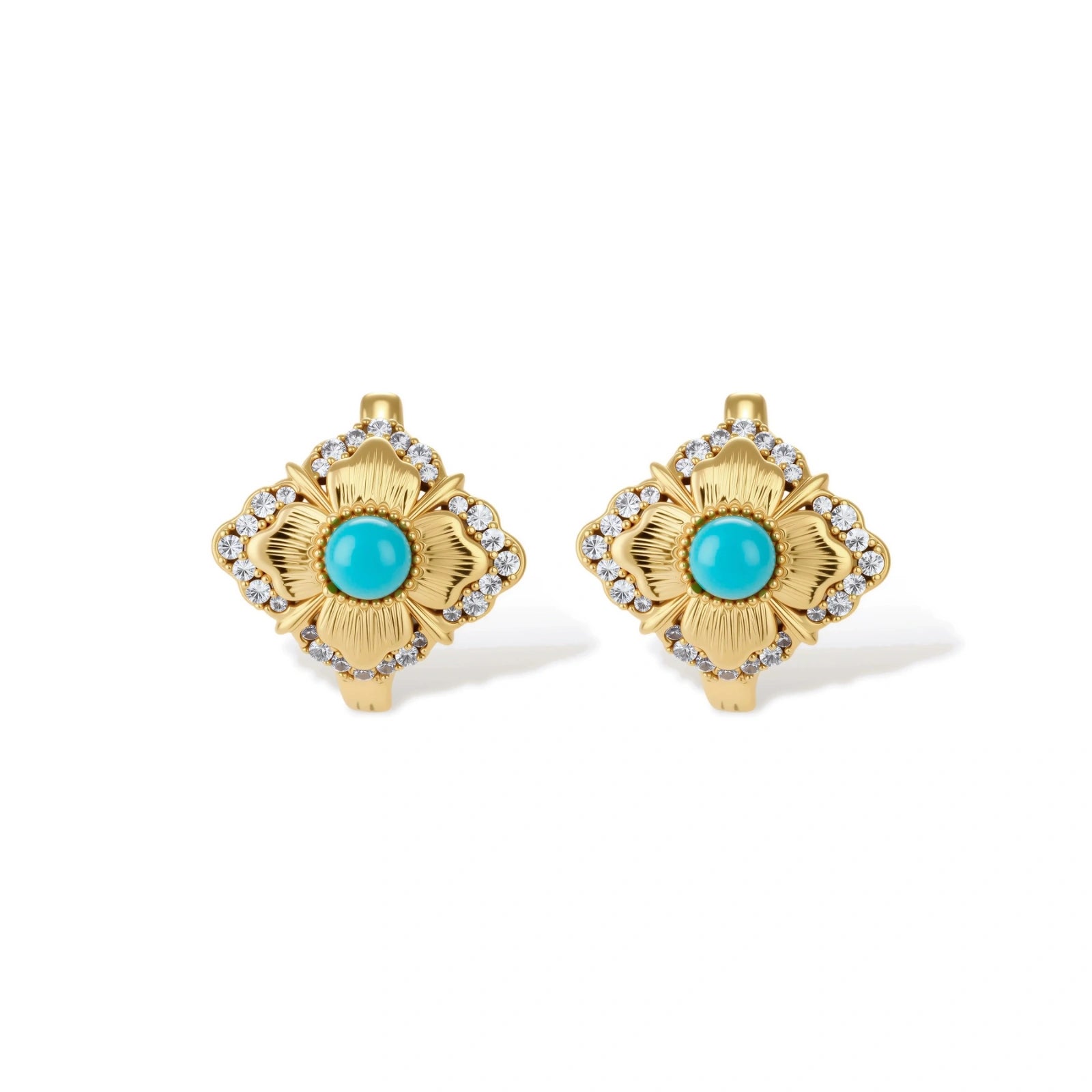 Close-up of 18K gold plated hoop earrings with turquoise center stones and zircon crystals in quatrefoil flower design