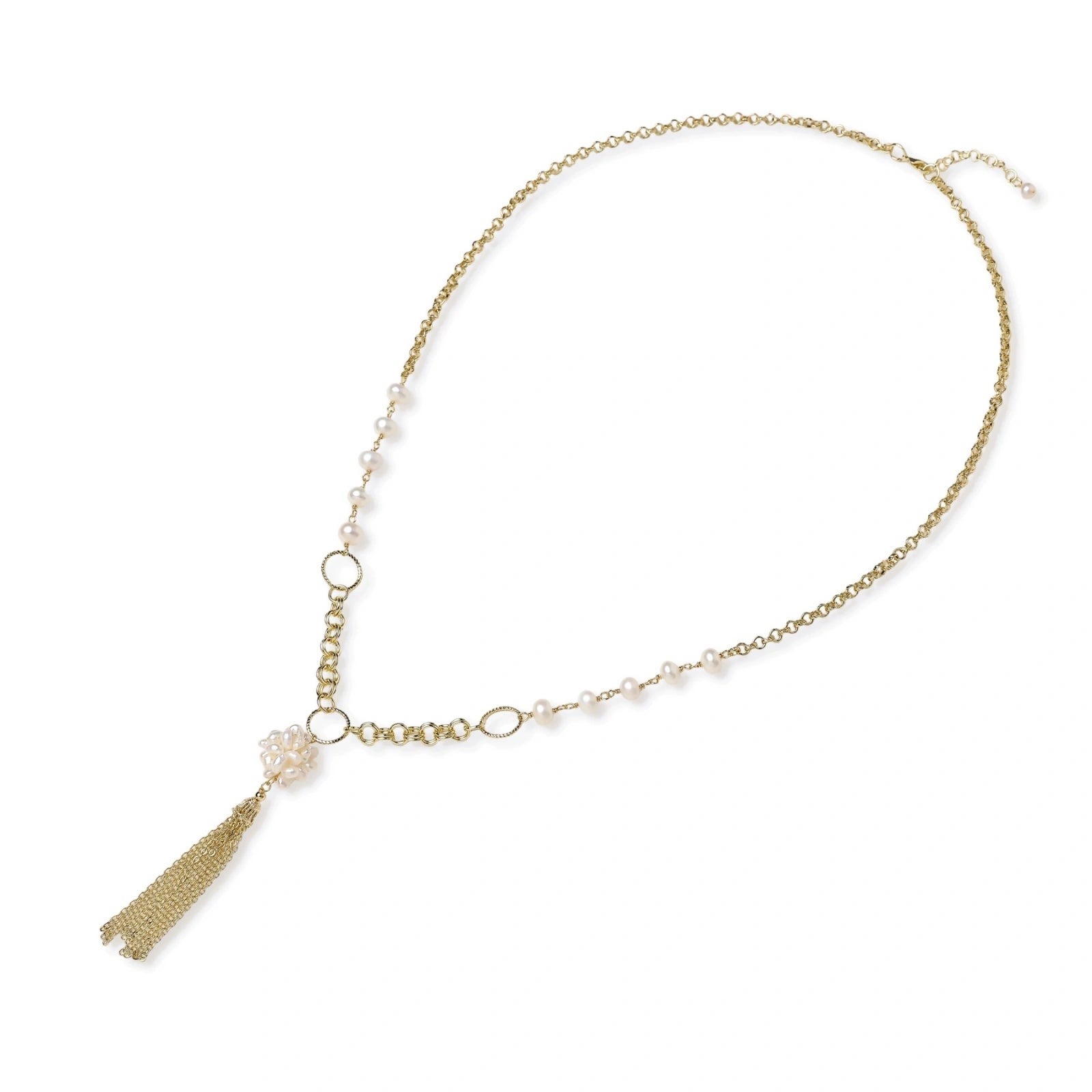 Long gold-plated necklace with freshwater pearls, chunky chain links, and flowing tassel pendant