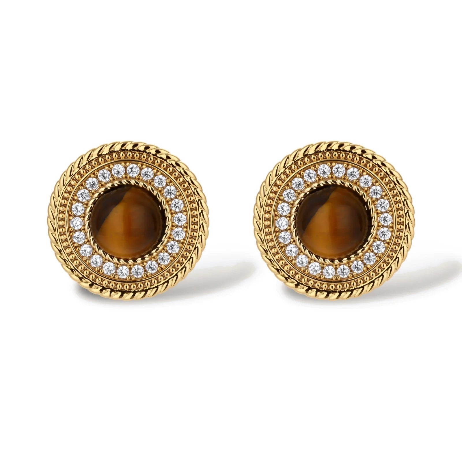 Gold-plated circular pendant necklace and matching earrings with natural stone centers and ornate rope detailing