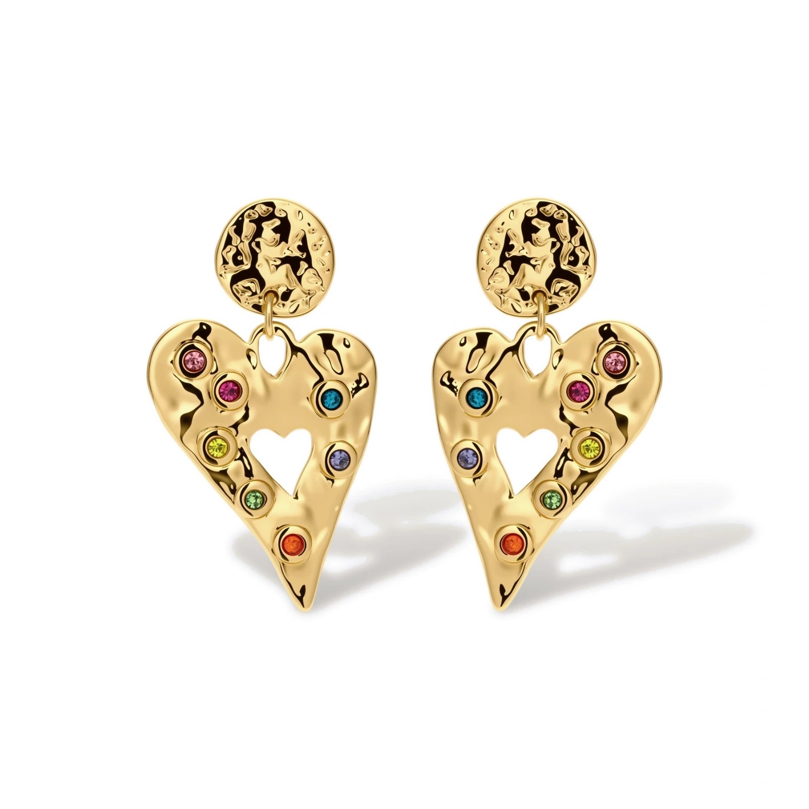 Gold hammered heart drop earrings with rainbow cubic zirconia stones and textured coin stud, 18K gold plated stainless steel.
