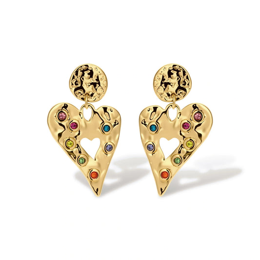 Gold hammered heart drop earrings with rainbow cubic zirconia stones and textured coin stud, 18K gold plated stainless steel.