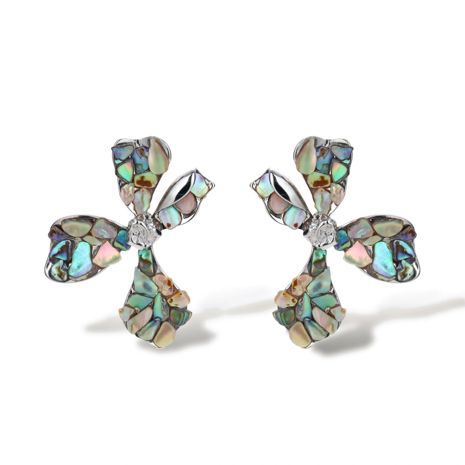 Cross-shaped stud earrings with iridescent abalone shell mosaic in blues and greens, silver-plated setting with crystal center