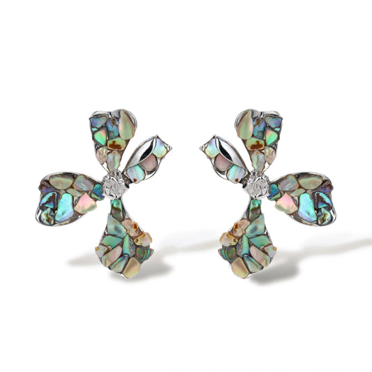 Cross-shaped stud earrings with iridescent abalone shell mosaic in blues and greens, silver-plated setting with crystal center