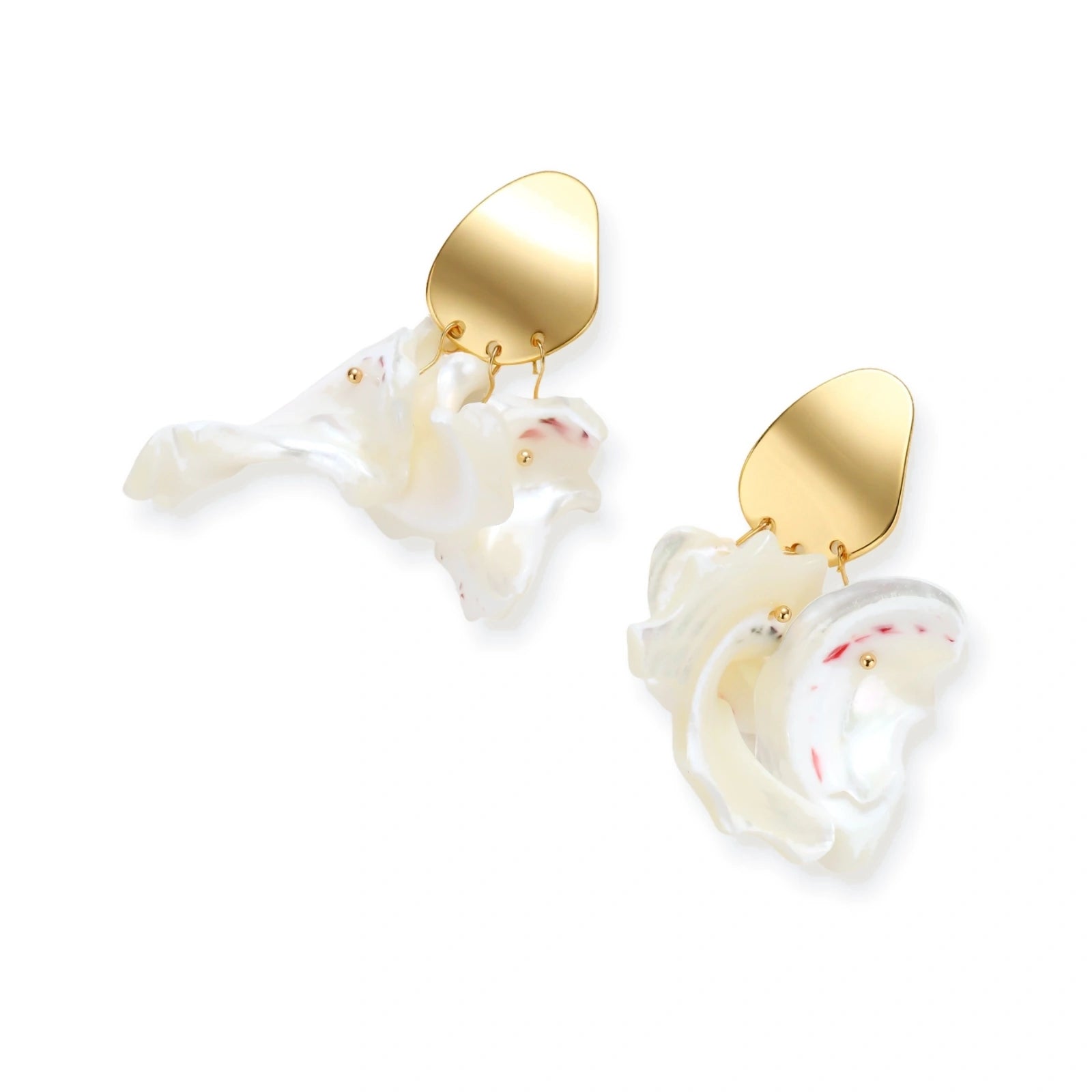 Gold-plated copper earrings with organic pebble studs and natural shell drops on cream background.