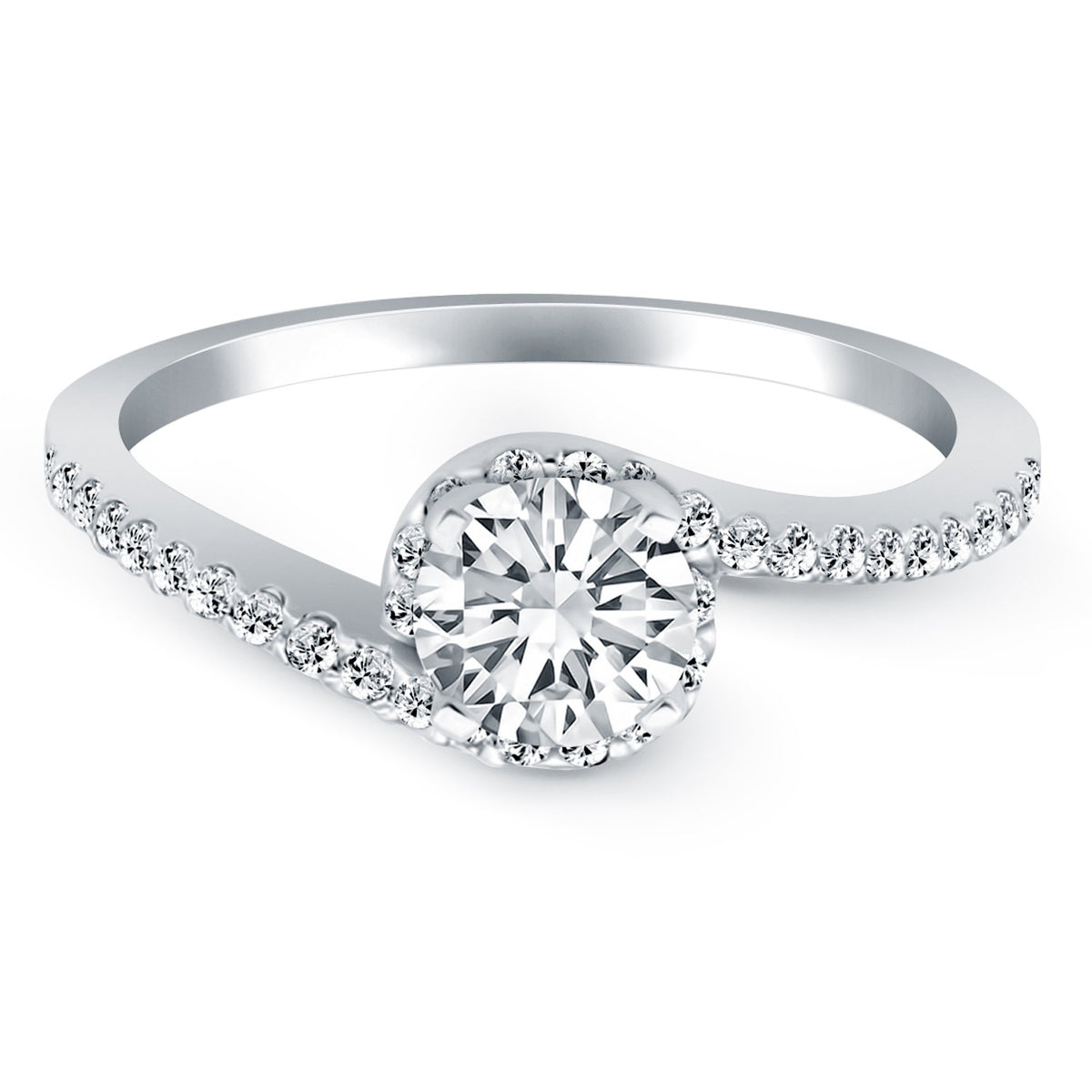 14k White Gold Bypass Swirl Diamond Halo Engagement Ring RCJ