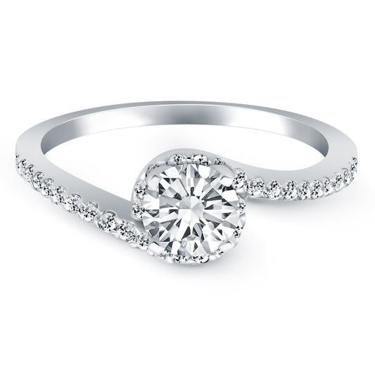 14k White Gold Bypass Swirl Diamond Halo Engagement Ring RCJ