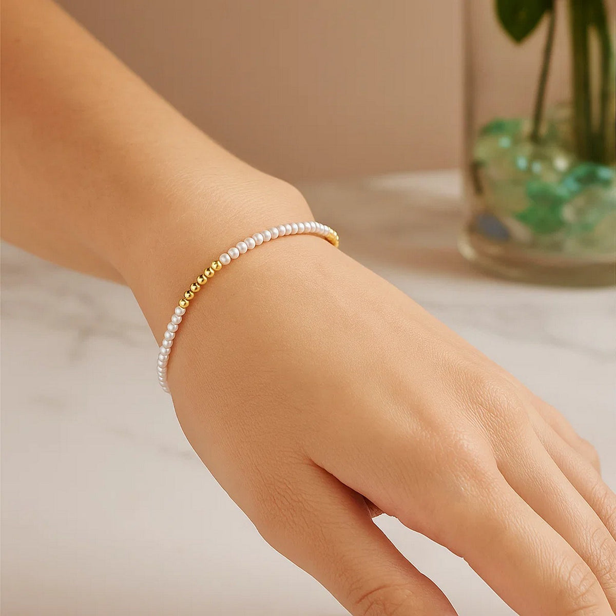14k Yellow Gold High Polish Freshwater Pearl Pallina Bead Bracelet (2.00 mm) RCJ