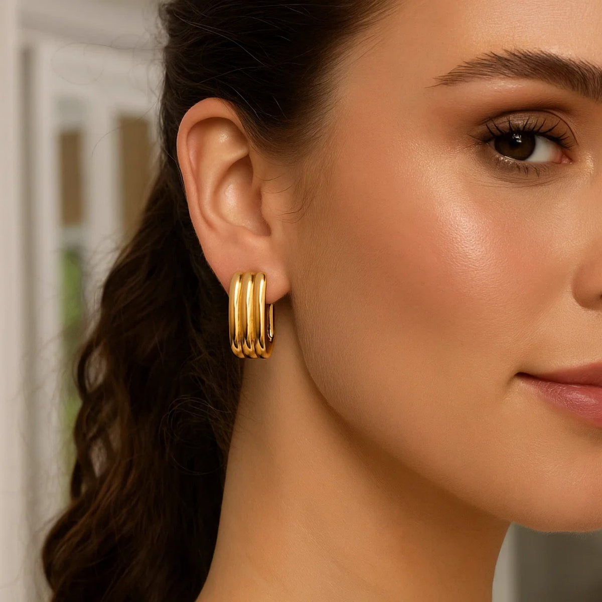 14K Yellow Gold Fancy Oval Triple Row Hoop Earrings RCJ