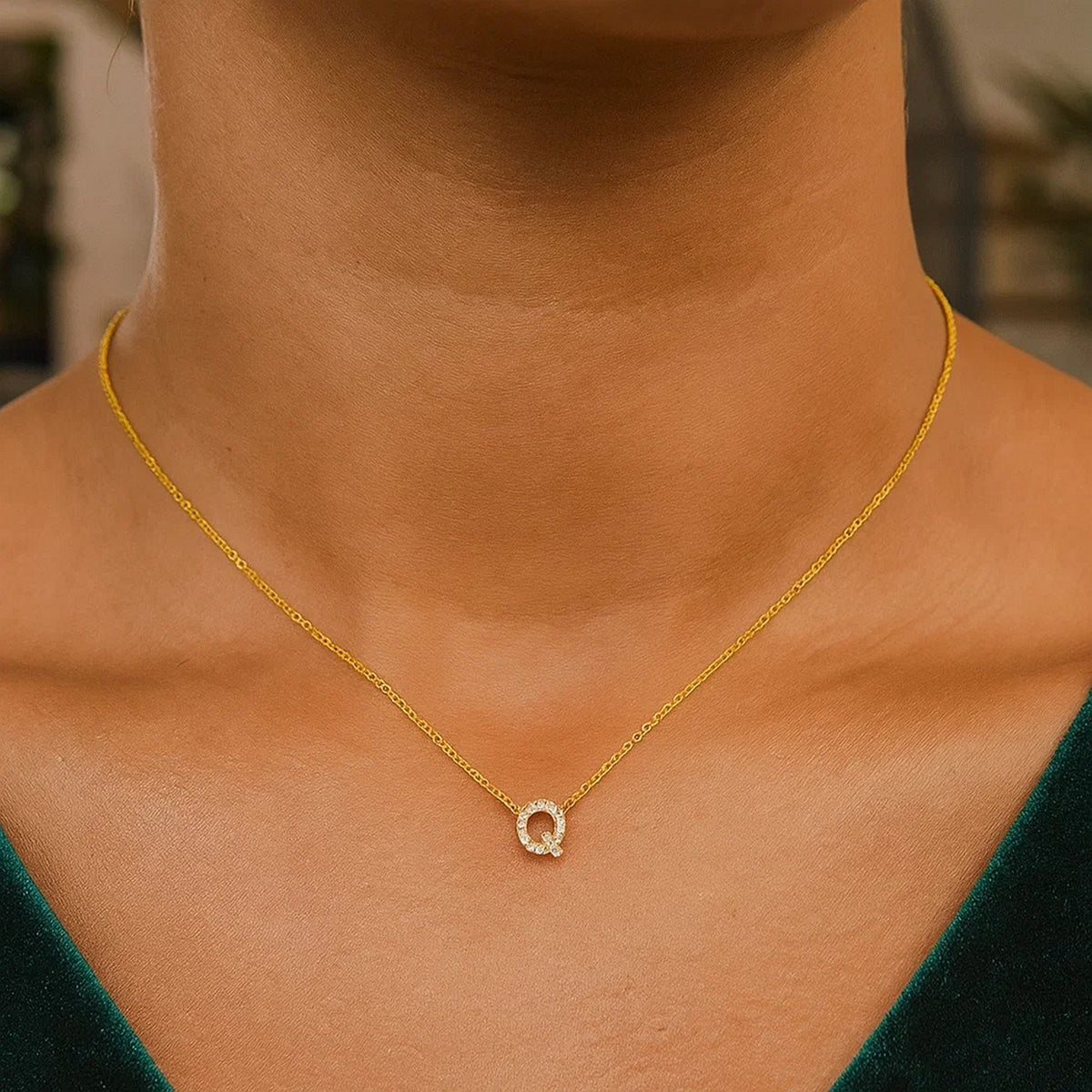 14K Yellow Gold Mini Diamond Q Initial Pendant Necklace Alba Luxe