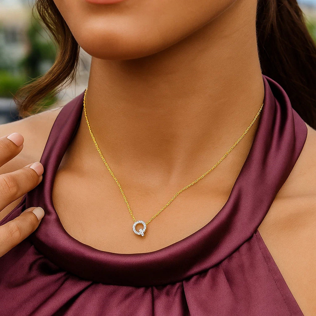 14K Yellow Gold Mini Diamond Q Initial Pendant Necklace Alba Luxe