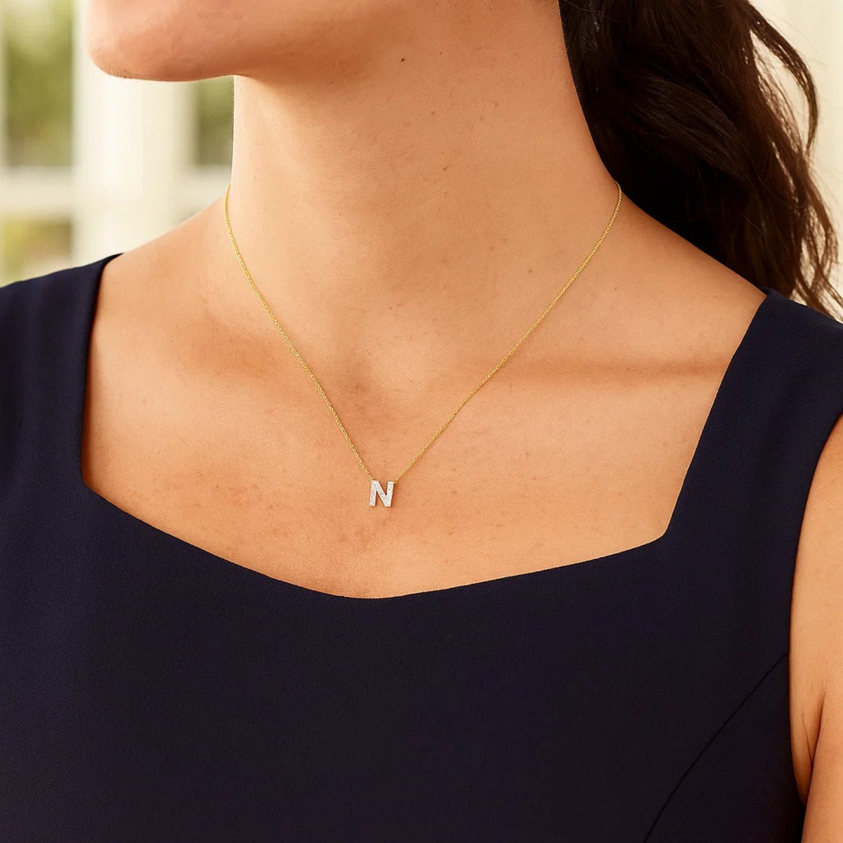 14K Yellow Gold Mini Diamond N Initial Pendant Necklace Alba Luxe
