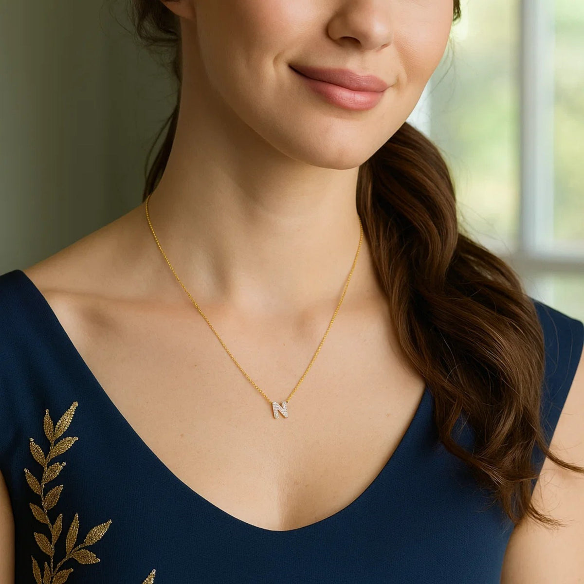 14K Yellow Gold Mini Diamond N Initial Pendant Necklace Alba Luxe