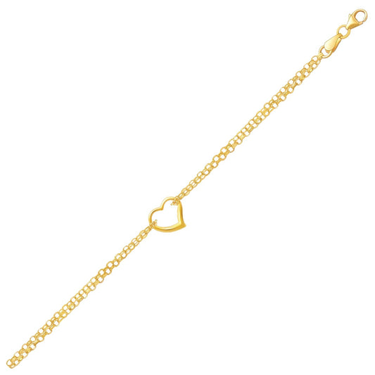 14k Yellow Gold Double Rolo Chain Anklet with an Open Heart Station RCJ