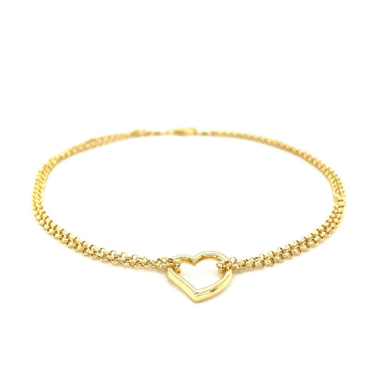 14k Yellow Gold Double Rolo Chain Anklet with an Open Heart Station RCJ