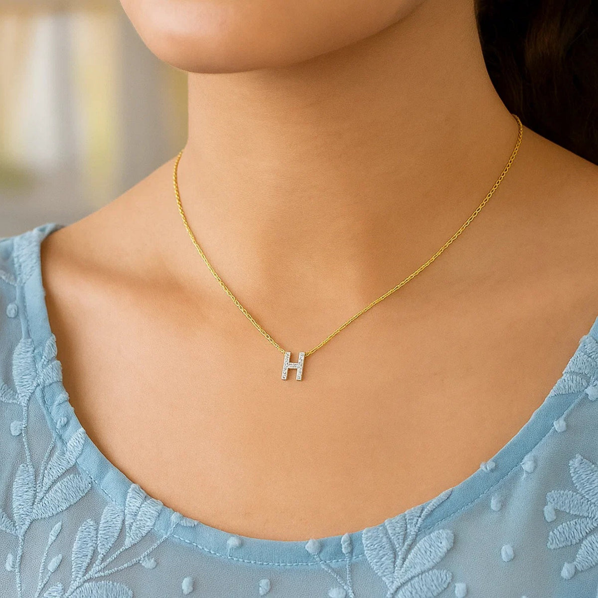 14K Yellow Gold Mini Diamond H Initial Pendant Necklace Alba Luxe
