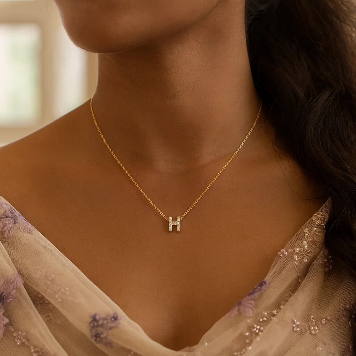 14K Yellow Gold Mini Diamond H Initial Pendant Necklace Alba Luxe