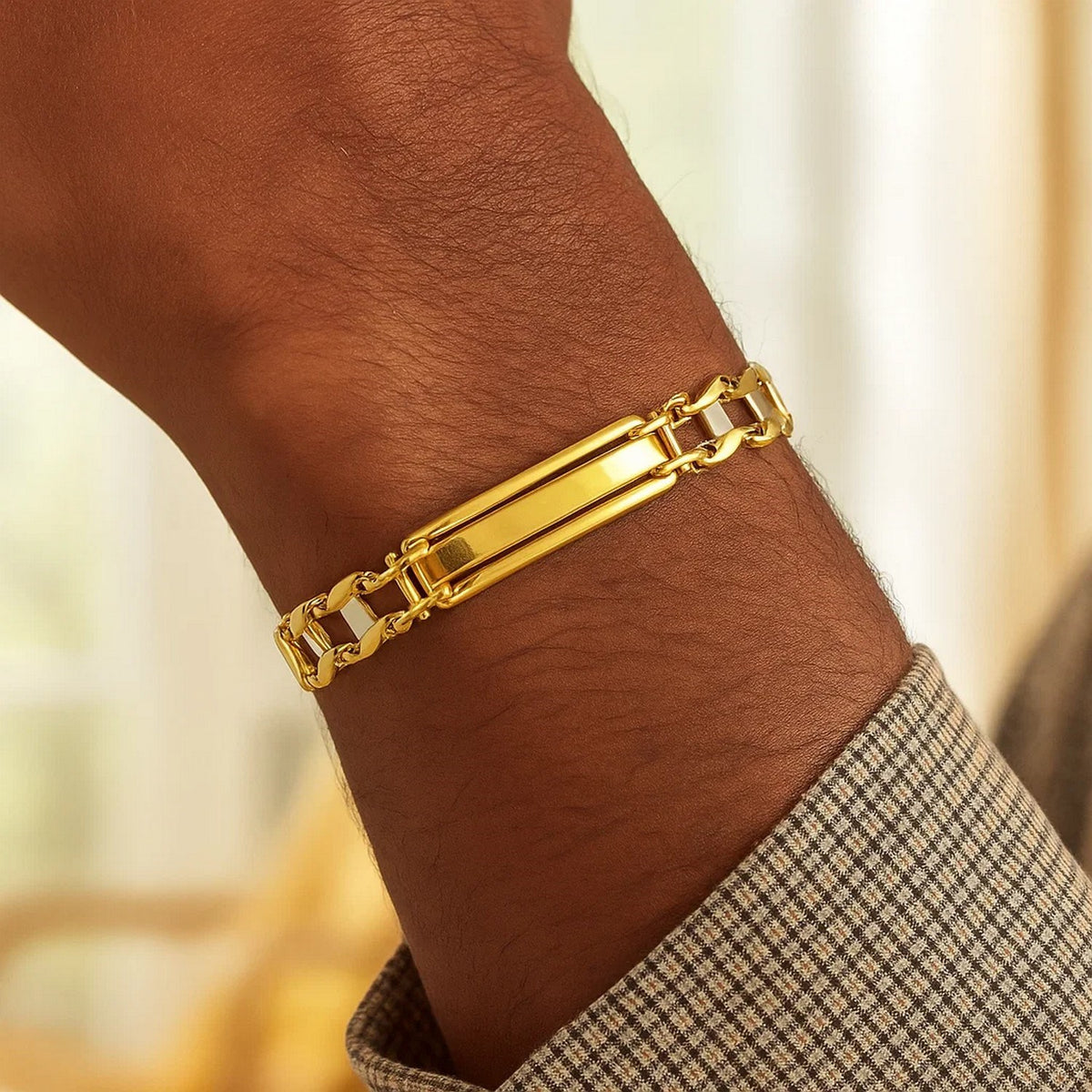 14k Two-Tone Gold Fancy Bar Style Mens Bracelet with Curved Connectors (9.65 mm) RCJ
