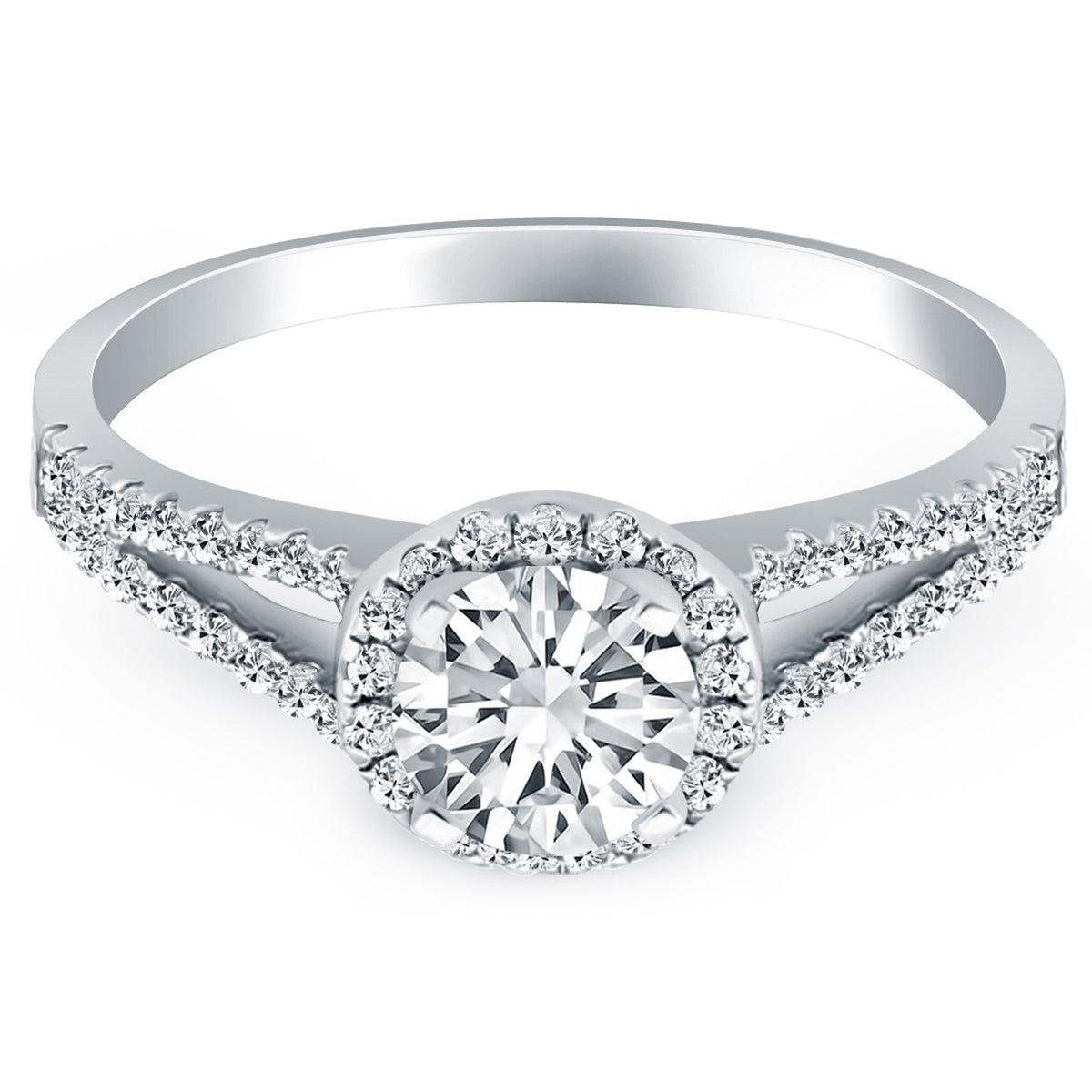 14k White Gold Diamond Halo Split Shank Engagement Ring RCJ