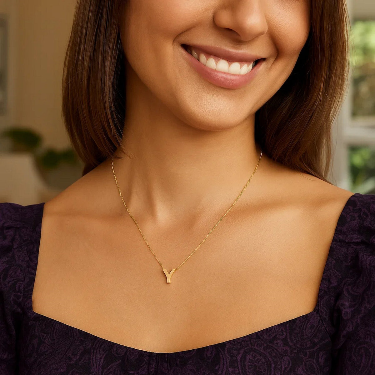14K Yellow Gold Yours Truly Block Letter Initial Y Necklace Alba Luxe
