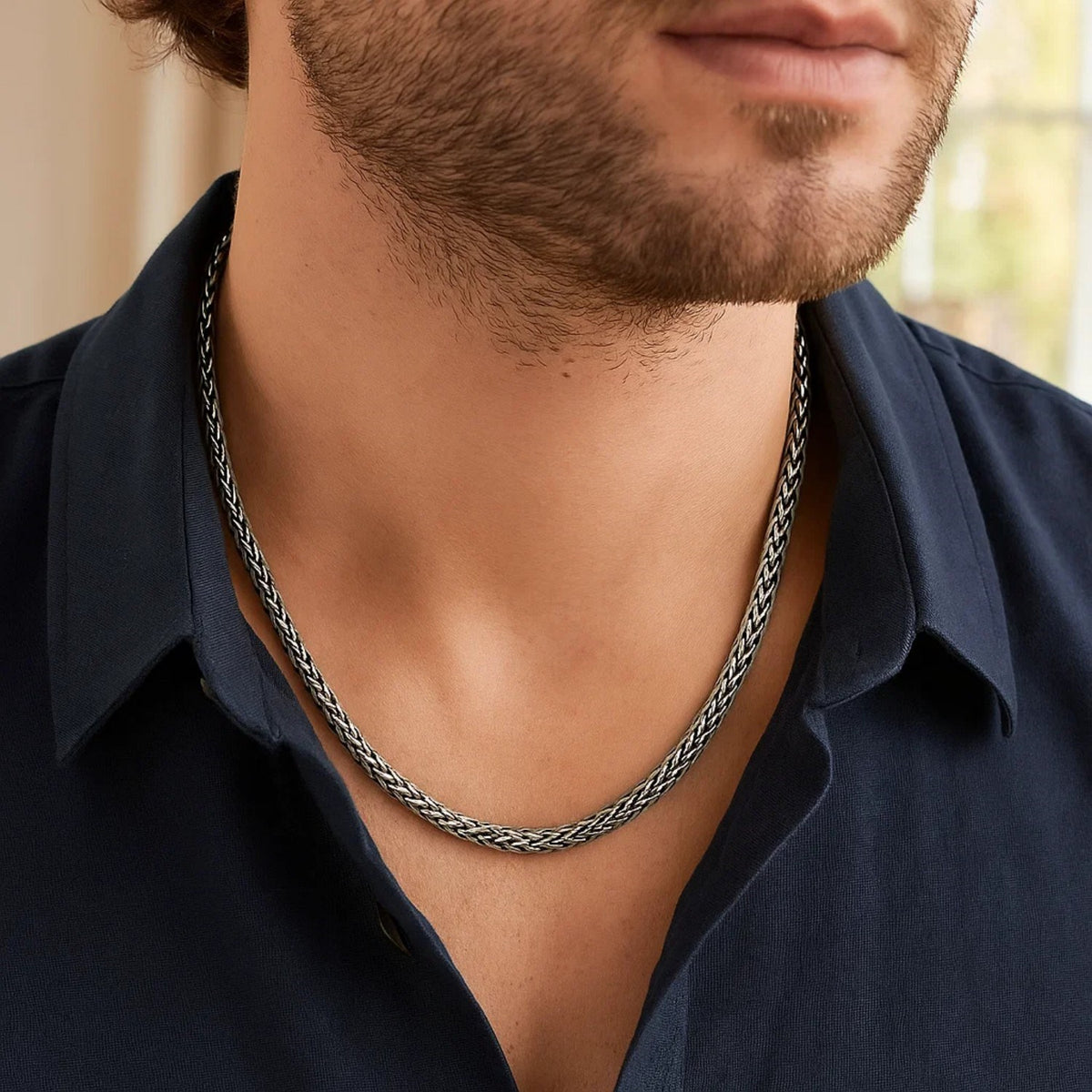 Oxidized Sterling Silver Wheat Style Chain Men's Necklace Alba Luxe