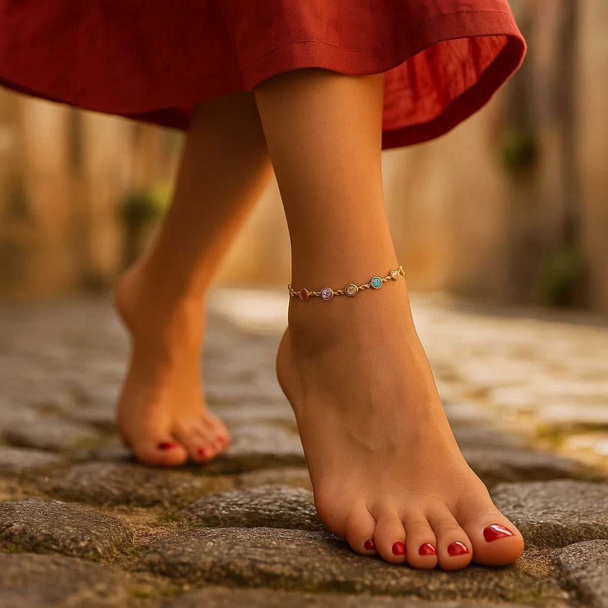 14k Yellow Gold Cable Anklet with Round Multi Tone Stations RCJ