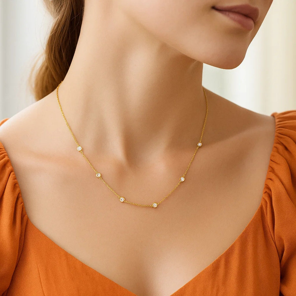 14k Yellow Gold Station Necklace with Round Diamonds RCJ