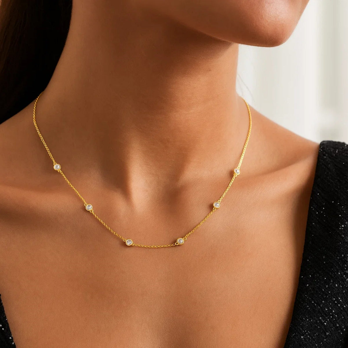 14k Yellow Gold Station Necklace with Round Diamonds RCJ