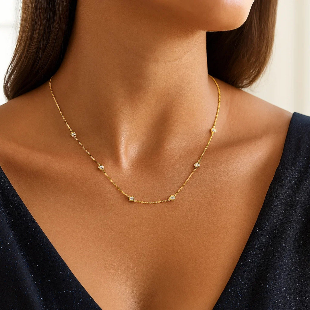 14k Yellow Gold Station Necklace with Round Diamonds RCJ