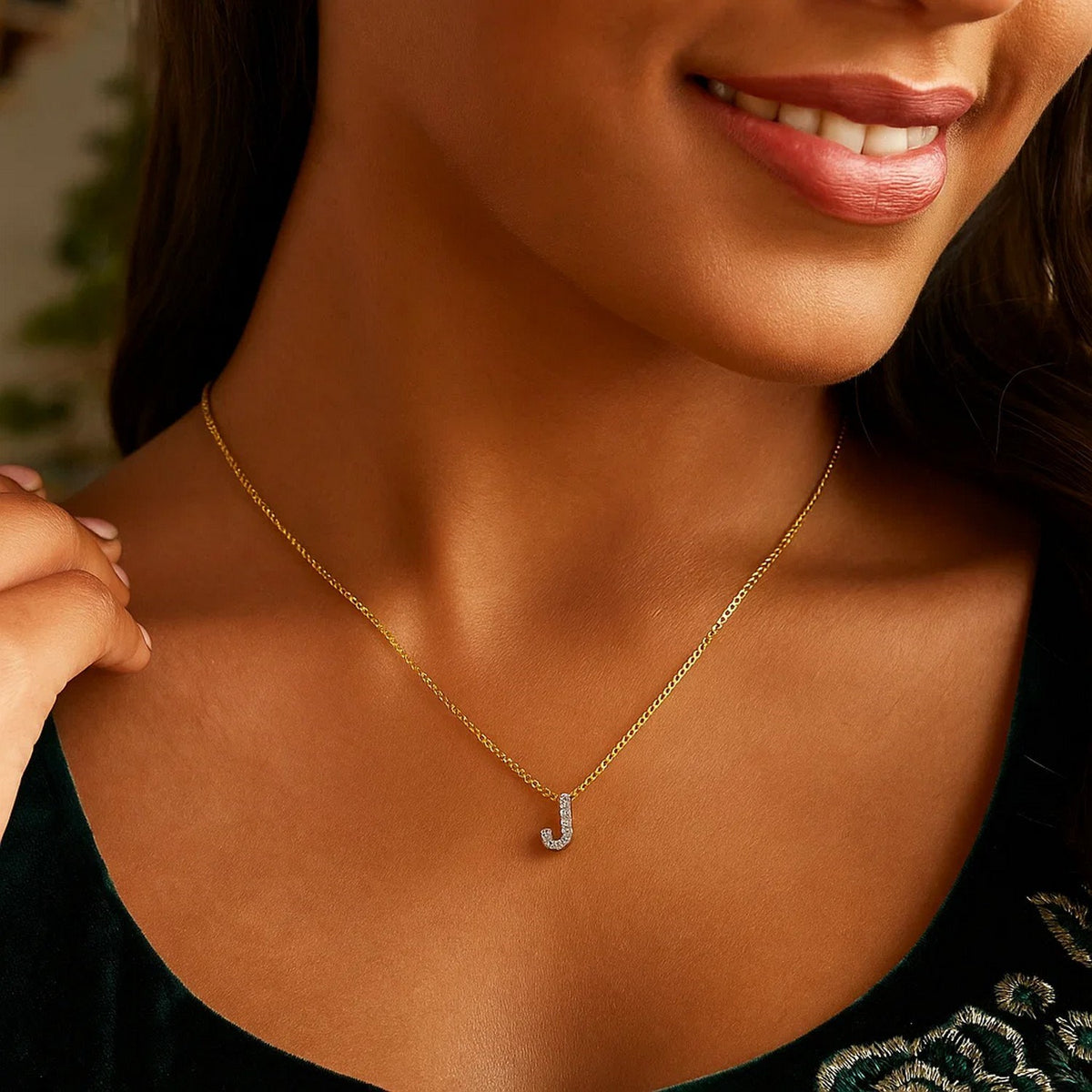 14K Yellow Gold Mini Diamond J Initial Pendant Necklace Alba Luxe