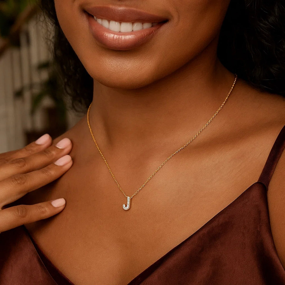 14K Yellow Gold Mini Diamond J Initial Pendant Necklace Alba Luxe